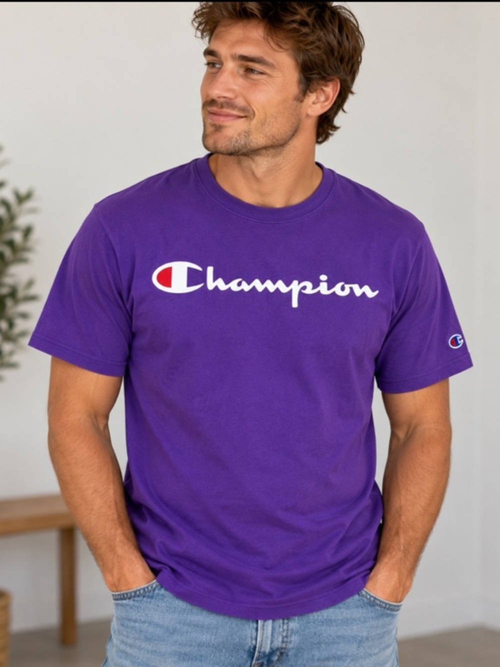 Champion Men’s Purple Script Logo Graphic T Shirt Size Small
